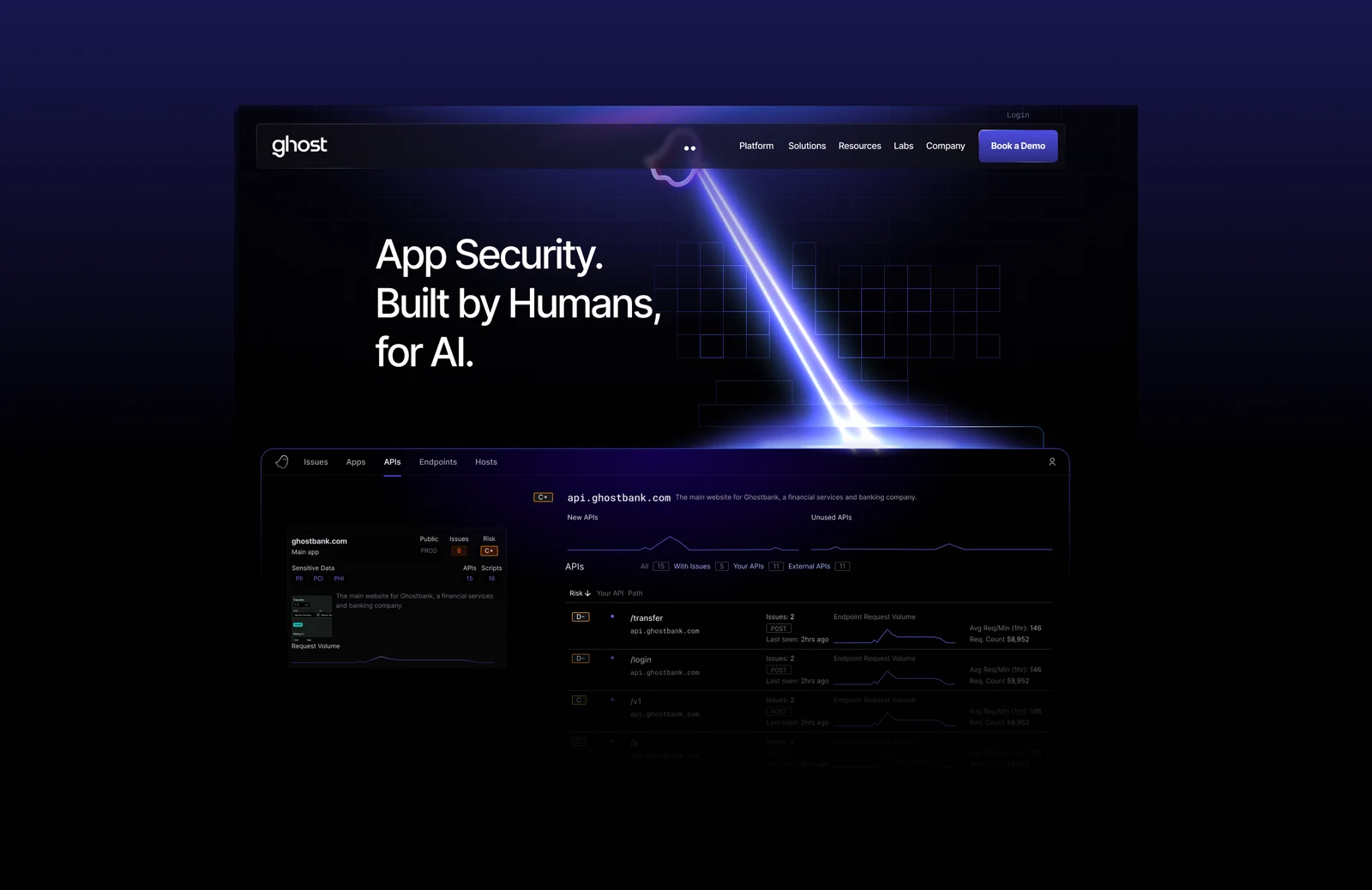 Ghost Security’s redesigned website and application interface with an electric violet beam