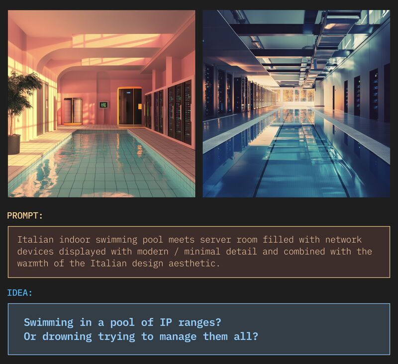 AI generated brand photography — Italian pool meets server room